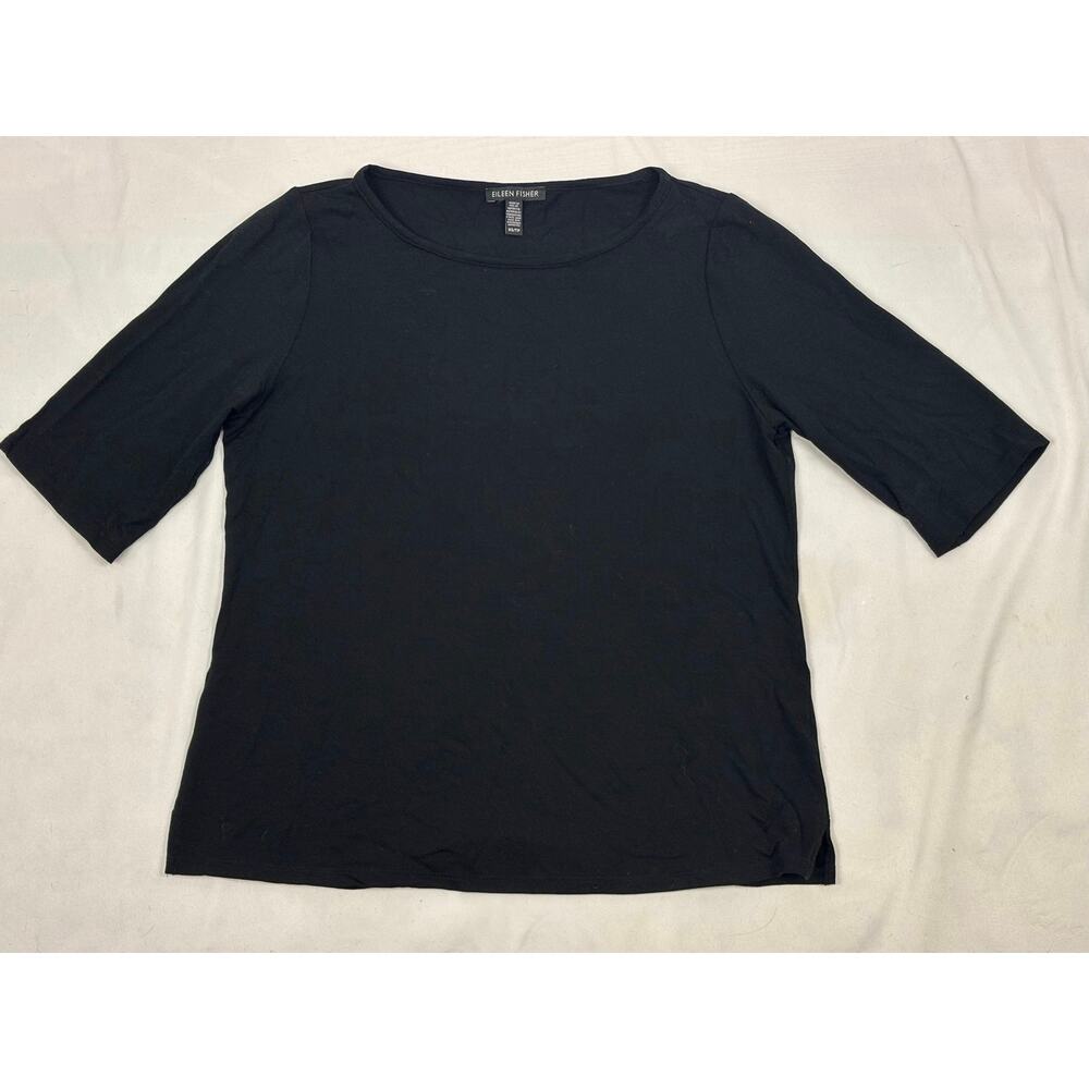 Eileen Fisher Black 3/4 Elbow Sleeve Crewneck Top Tee Size XS Minimalist Luxury